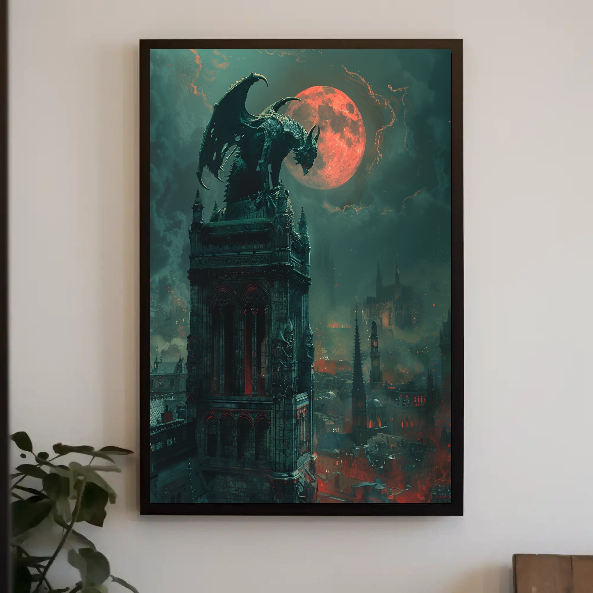 Gothic Fantasy Poster with Ominous Gargoyle and Red Moon PosterGoat