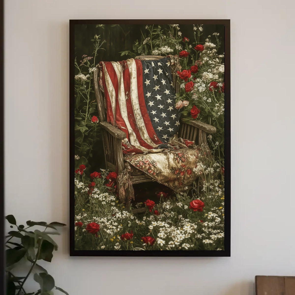 rustic garden chair with an old American flag draped Poster