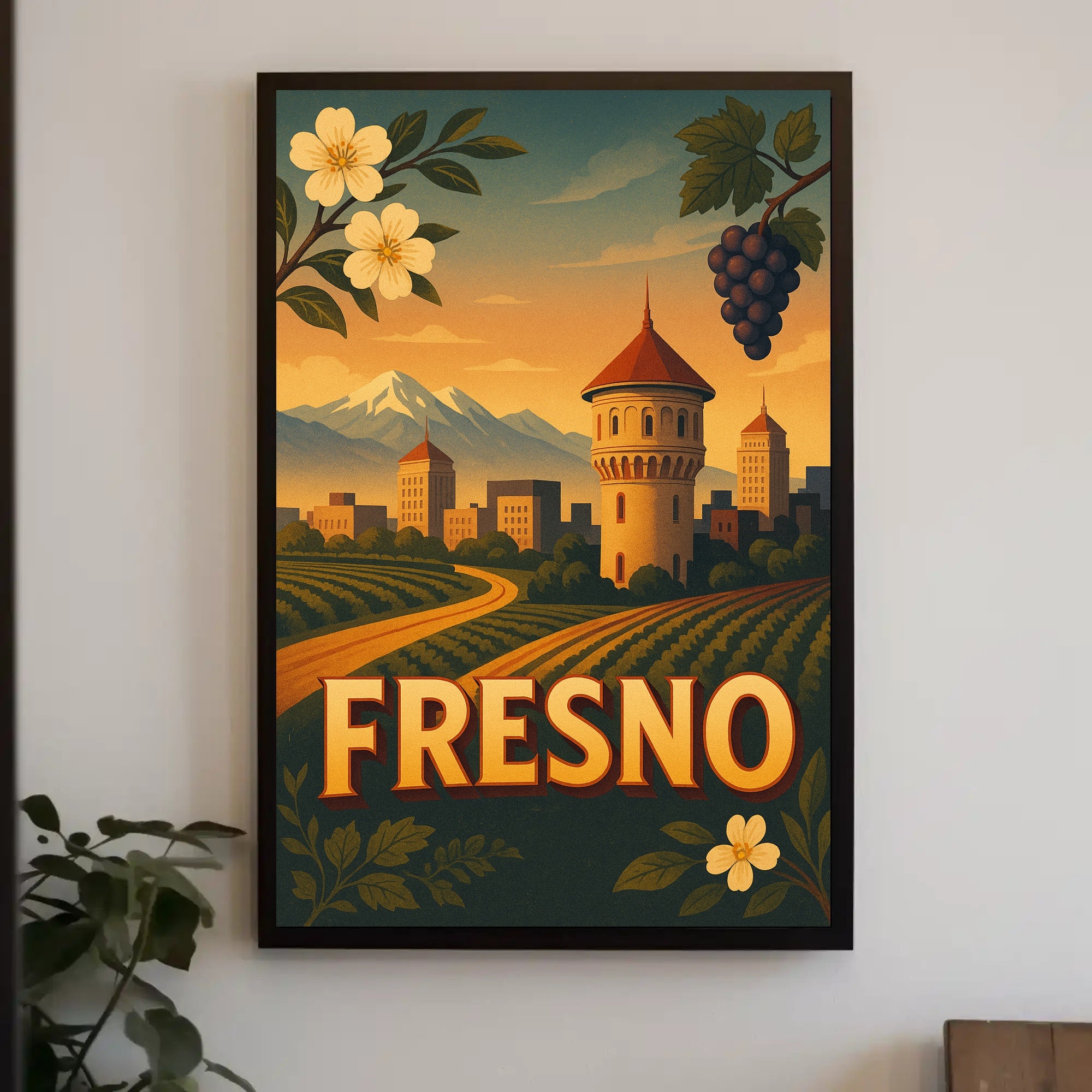 Fresno Vintage Travel Art Poster with Sunset Scenery