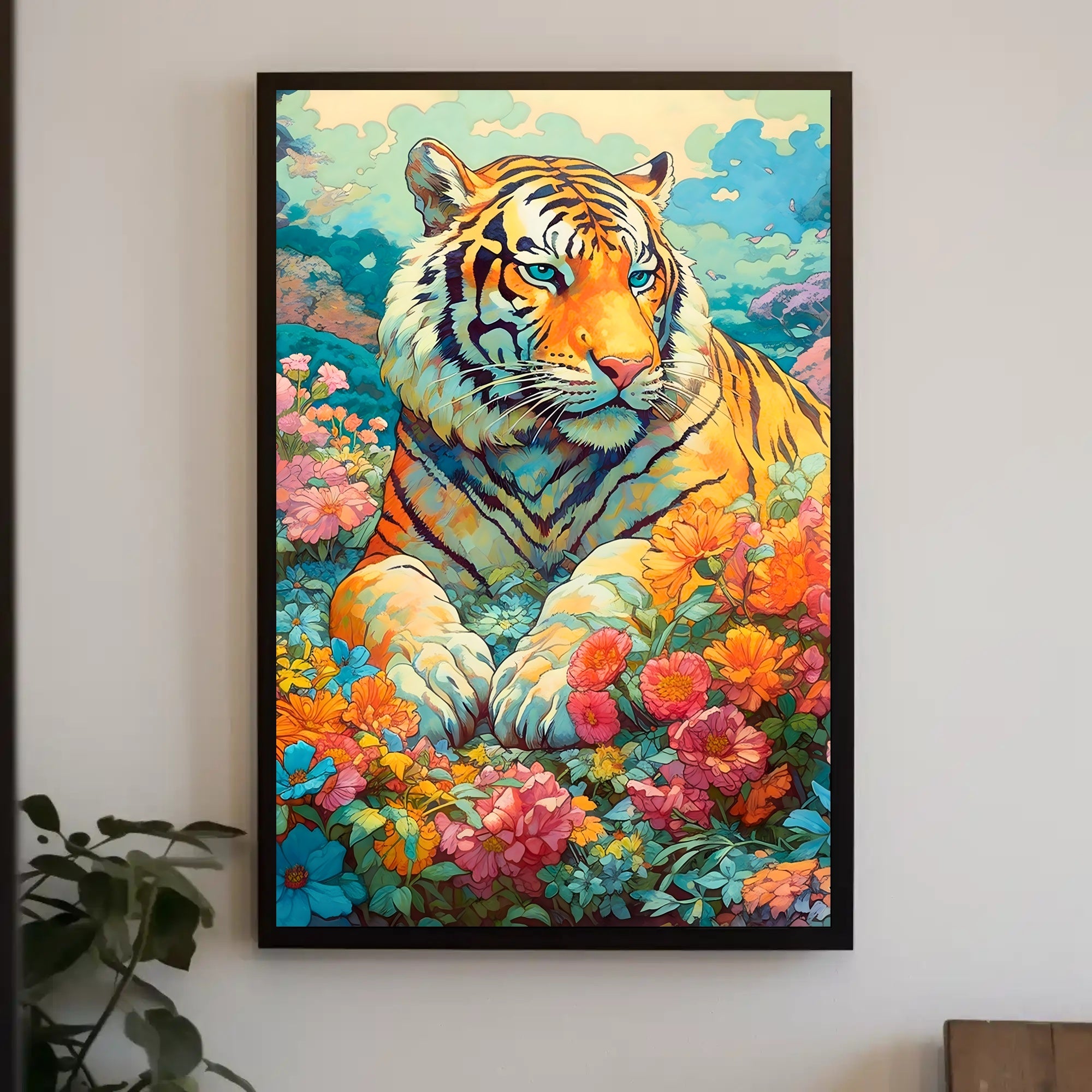 Majestic Tiger in Lush Garden Animal Poster