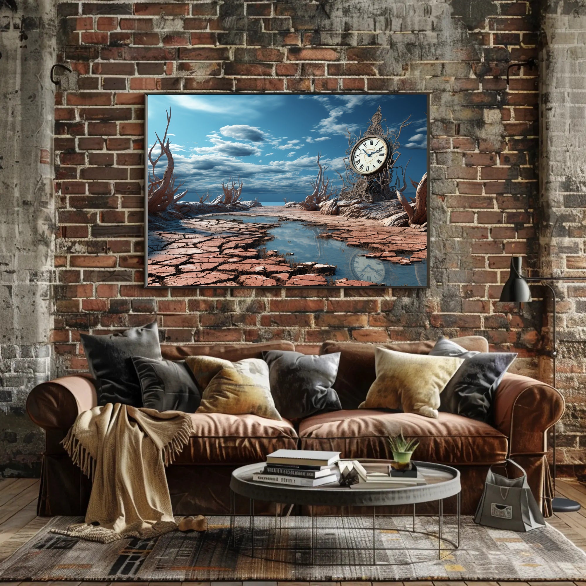 Surrealistic Timepiece in Arid Dreamscape Artistic Poster