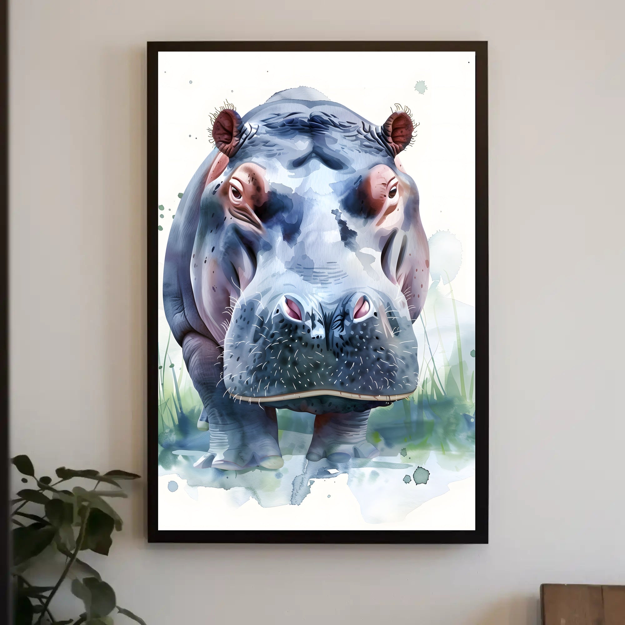 Hippo Watercolor Portrait Poster Wall Art Print