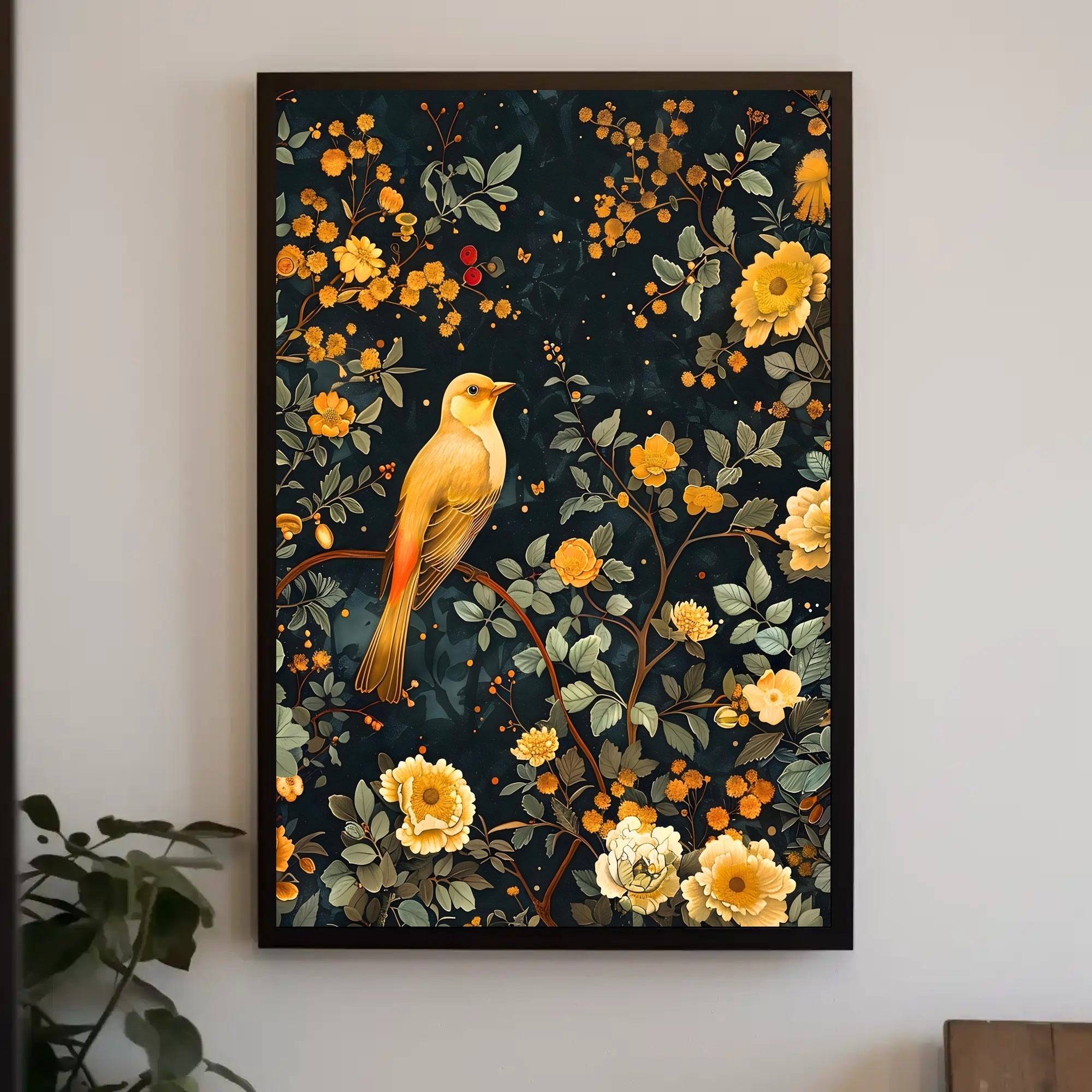 Golden Bird and Blossoms Wall Art Print