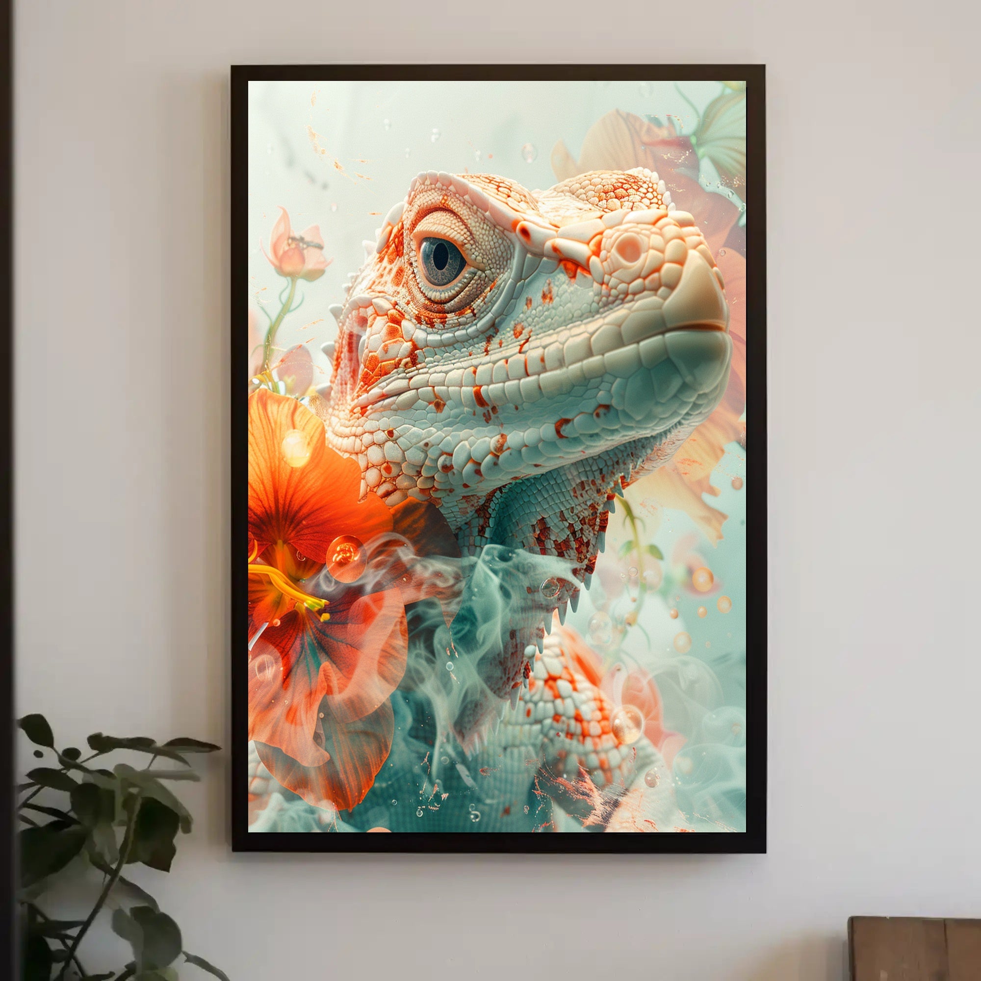 Lizard and Flowers: Ethereal Nature Art Poster PosterGoat