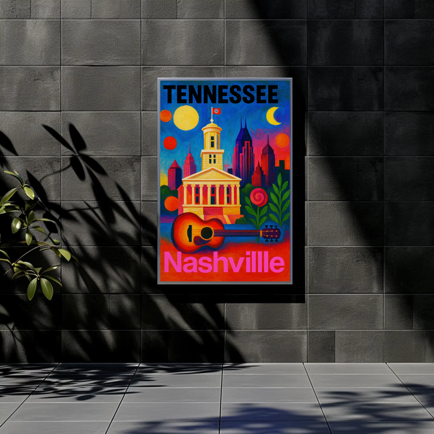Tennessee Nashville Capitol Guitar Music City Vintage Travel Poster