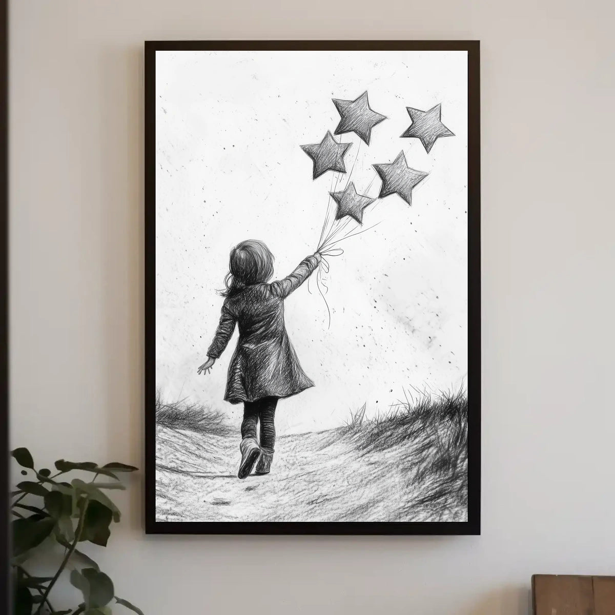 Child Releasing Star Balloons Black And White Sketch Poster