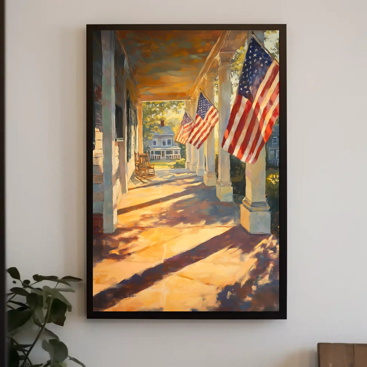 Colonial Village Street With Patriotic Flags Poster