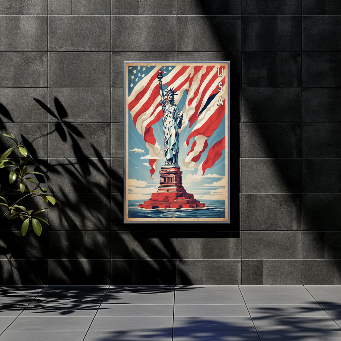 Liberty Statue American Flag Waves Vintage Travel Poster