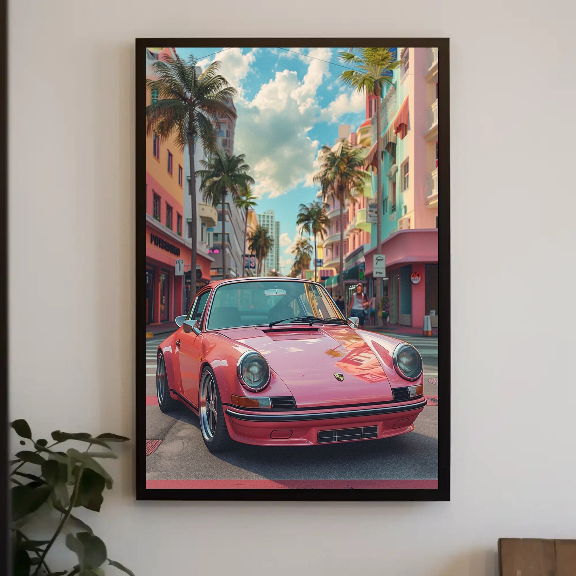 Vintage Car in Vibrant Cityscape Art Poster Print PosterGoat