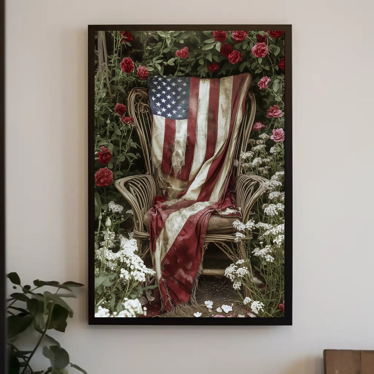 rustic garden chair with an old American flag draped Poster