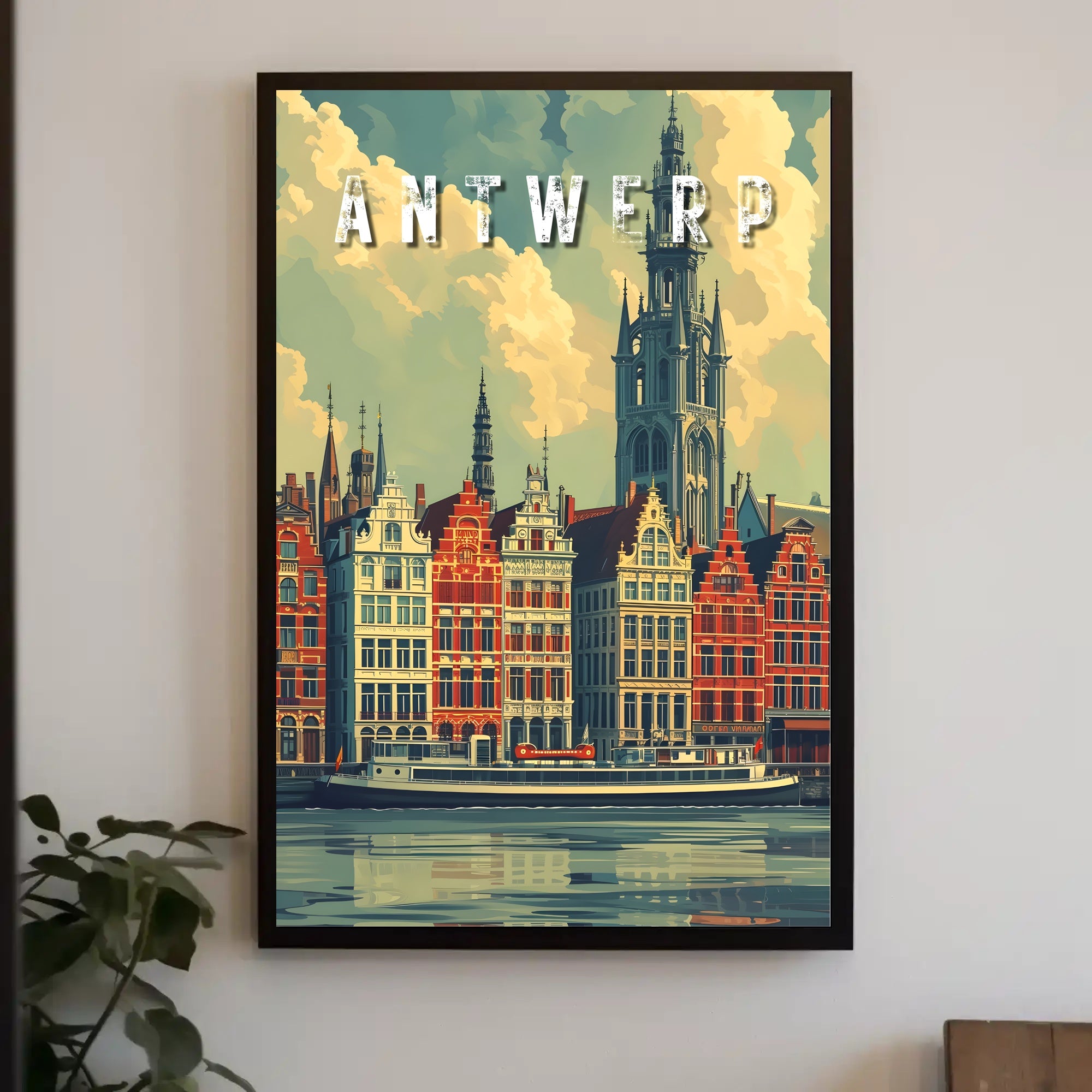 Antwerp cityscape illustration with vintage flair: Urban or Cityscape Poster