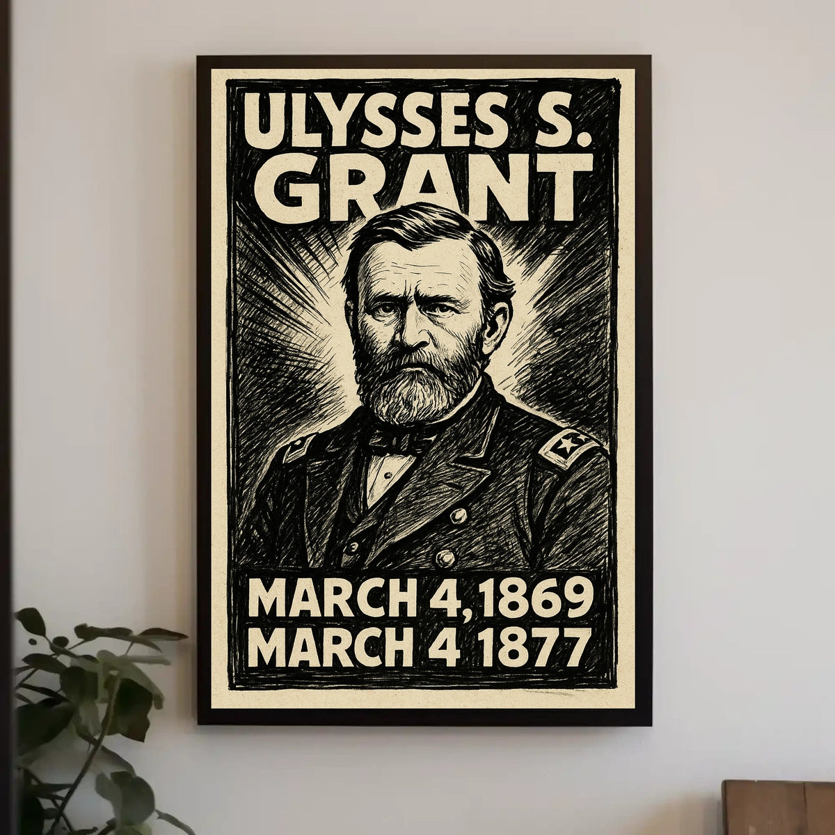 Ulysses S. Grant 18th President of the United States B & W Comic Sketch Poster