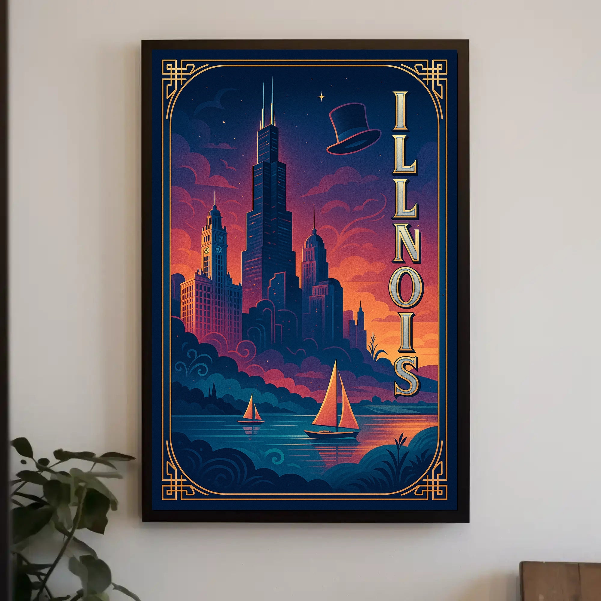 Chicago Cityscape Vintage Art Deco Travel Poster