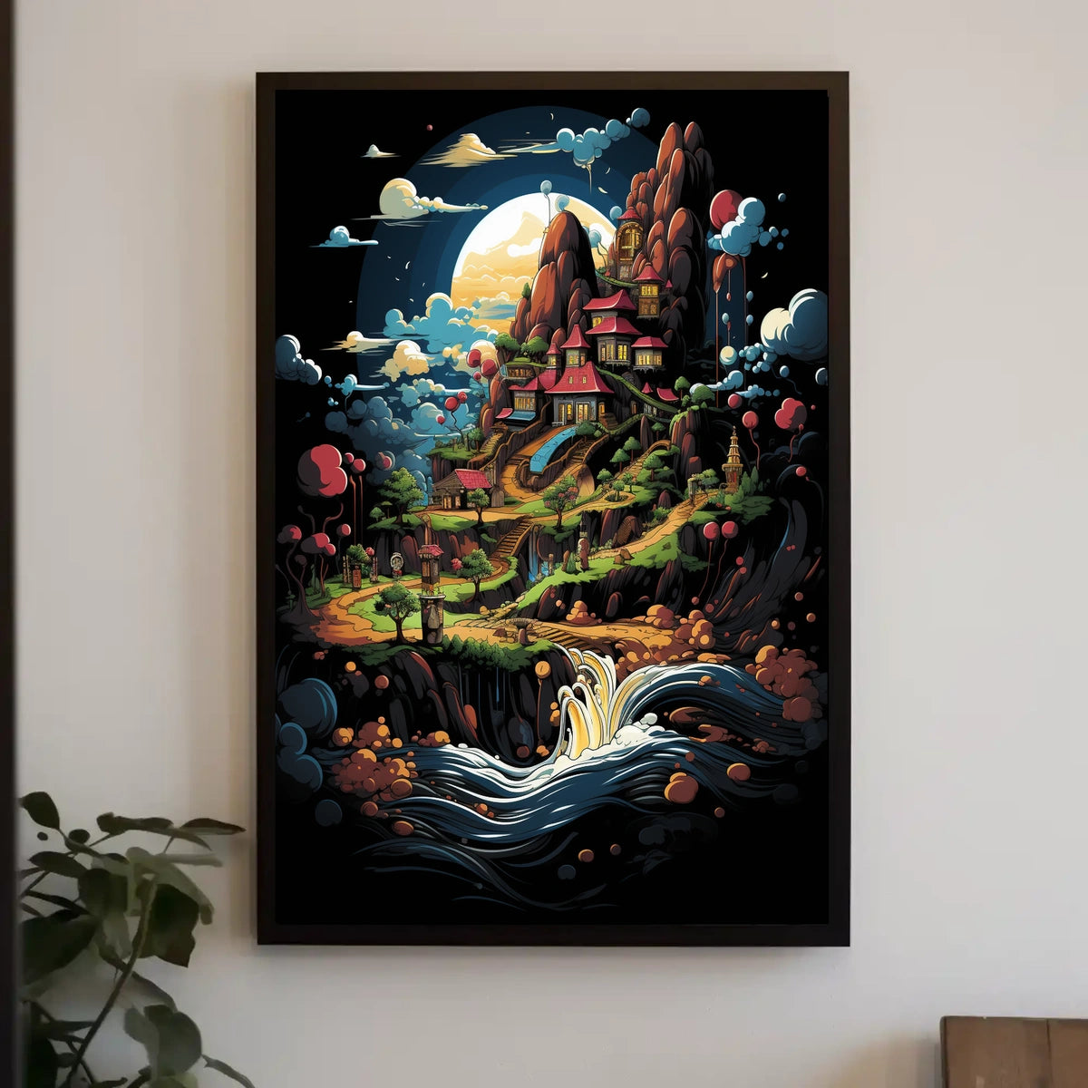 Whimsical Village Fantasy Landscape Art Poster