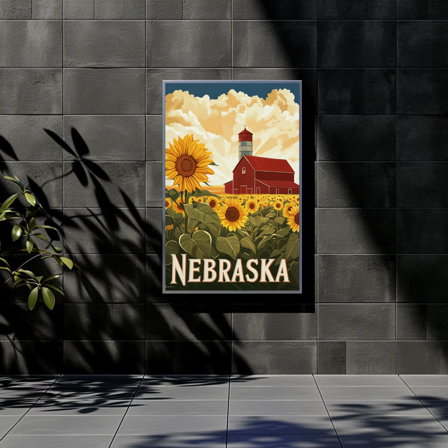 Nebraska Vintage Poster - Sunflower Barn