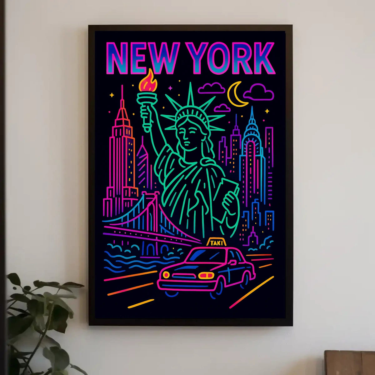 New York Neon Nightlife Cityscape Poster Modern Wall Art