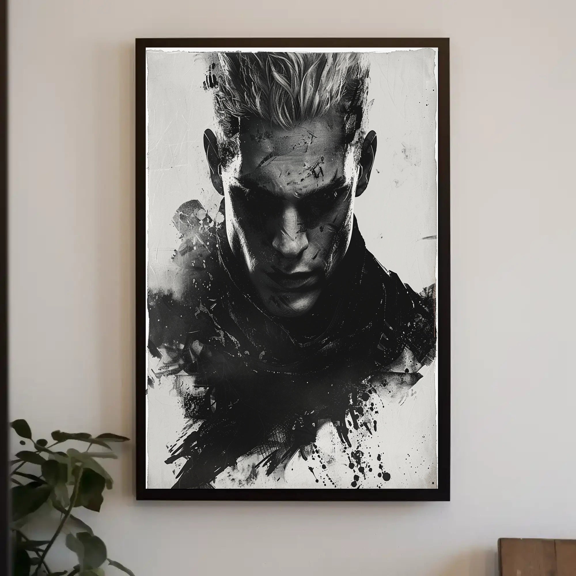 Intense Black and White Brooding Character Poster PosterGoat