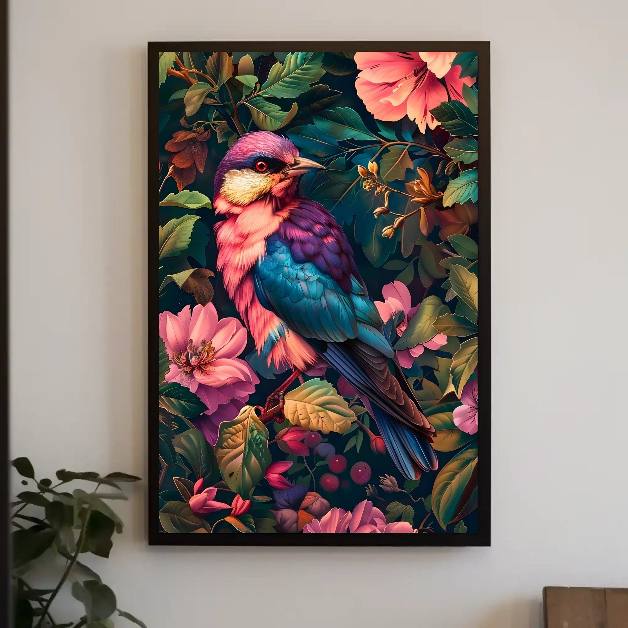 Vibrant Blue Pink Bird Perched Among Tropical Flora Poster