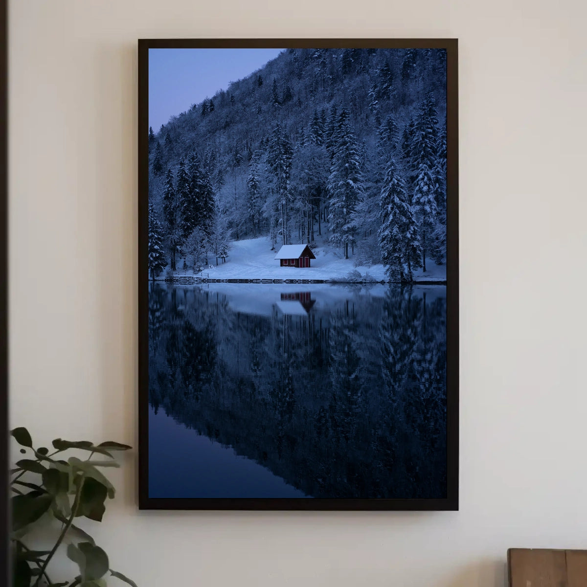 Tranquil Winter Scene with Snowy Cabin National Park Poster