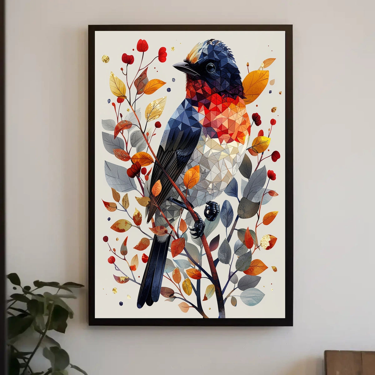 Geometric Bird In Autumn Foliage Poster
