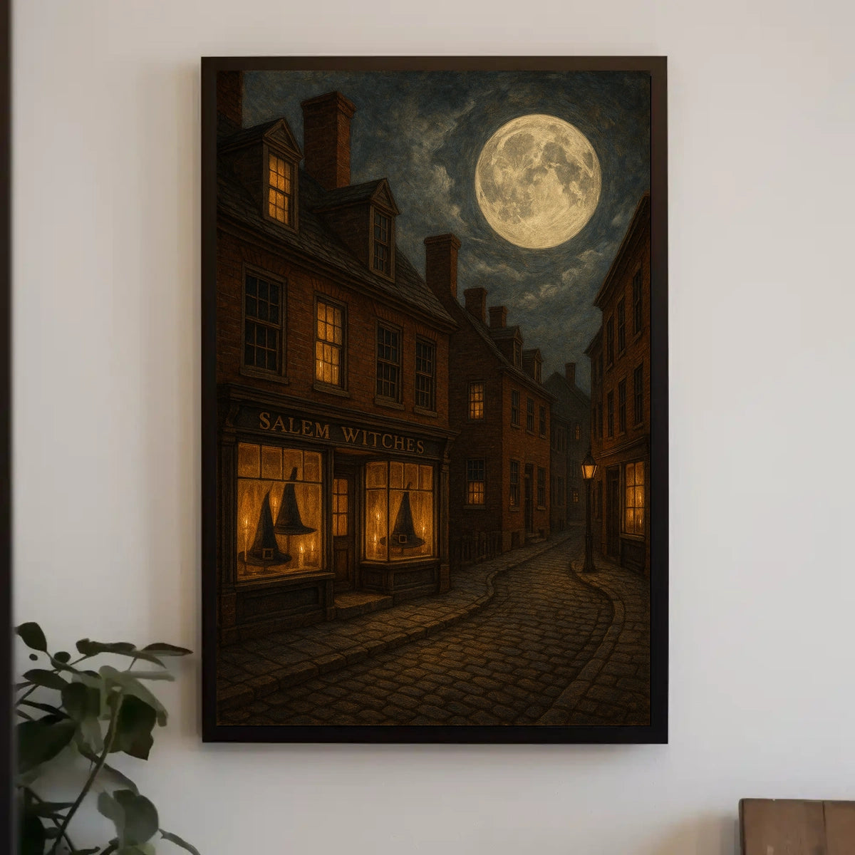 Salem Witchcraft Vintage Gothic Street Art Atmosphere Cobblestone Moonlit Historic Urban Collectors Poster