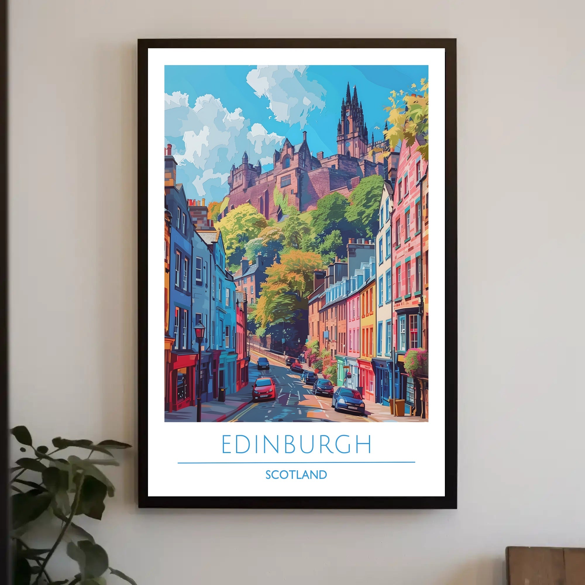 Edinburgh Street Scene with Castle Travel Poster