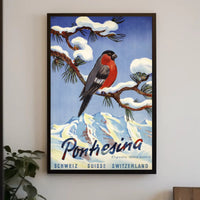 Vibrant Bullfinch Snowy Swiss Landscape Travel Poster PosterGoat