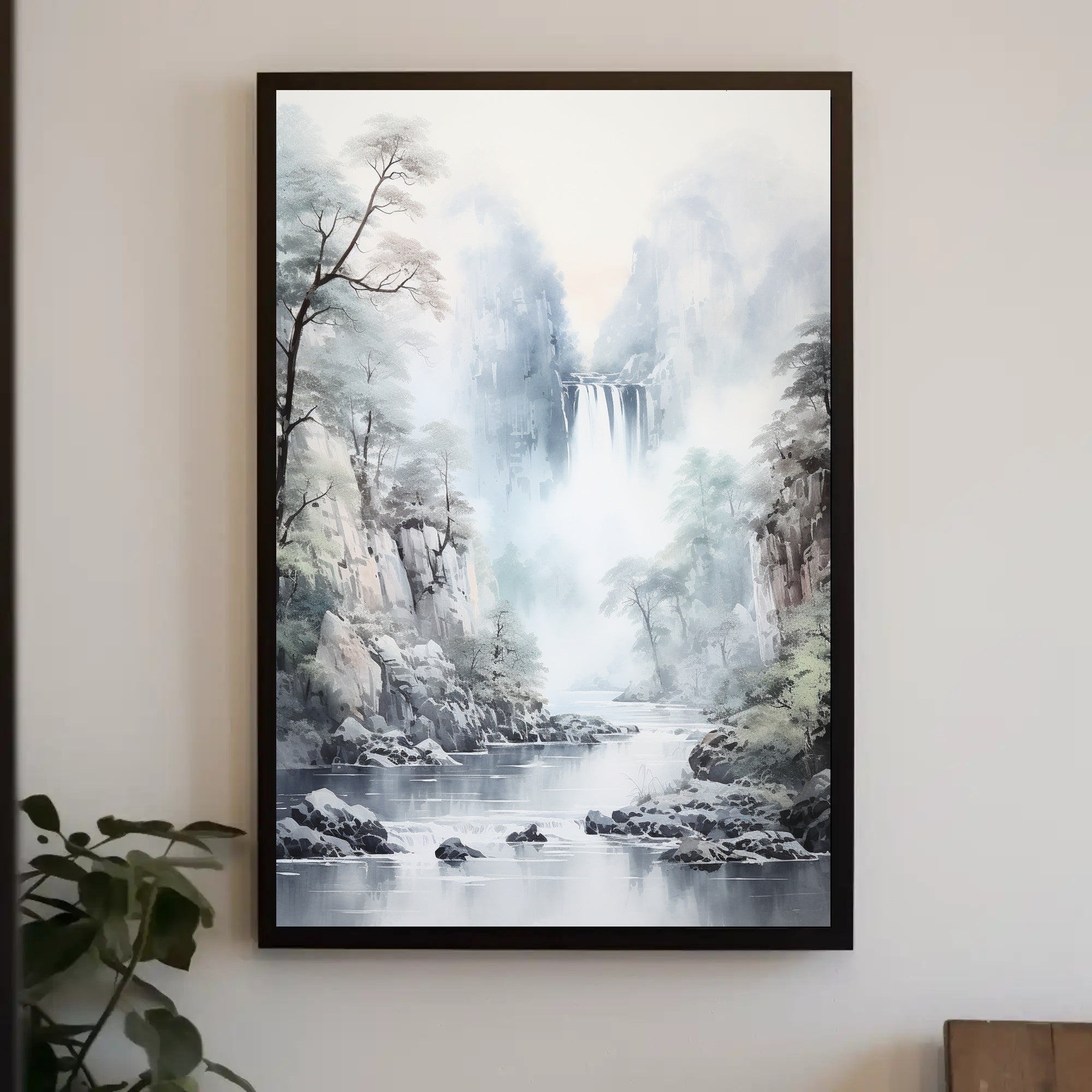 Serene Waterfall Landscape Poster in East Asian Artistic Style