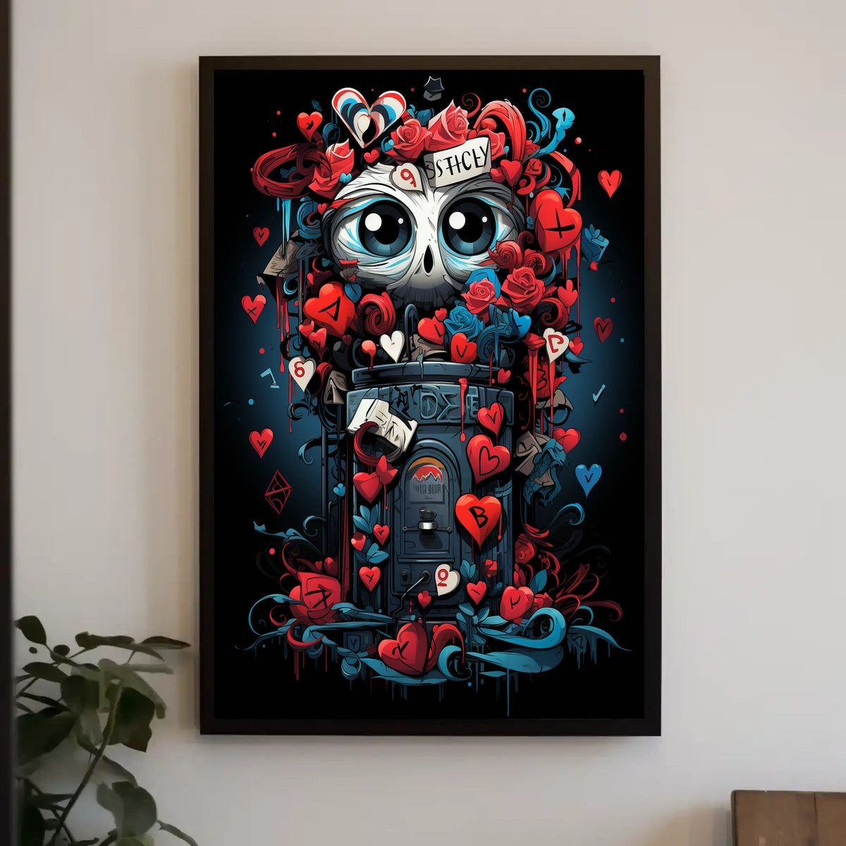 Whimsical Skull Art Poster with Hearts & Roses