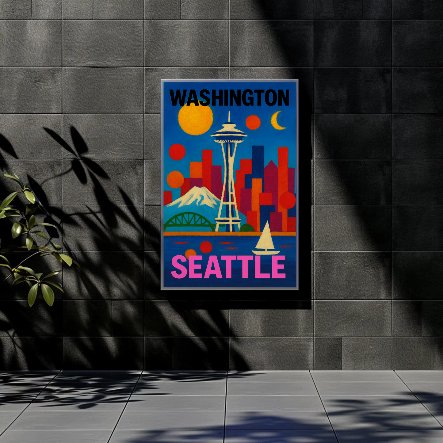 Washington Seattle Space Needle Mountains Sunset Vintage Travel Poster
