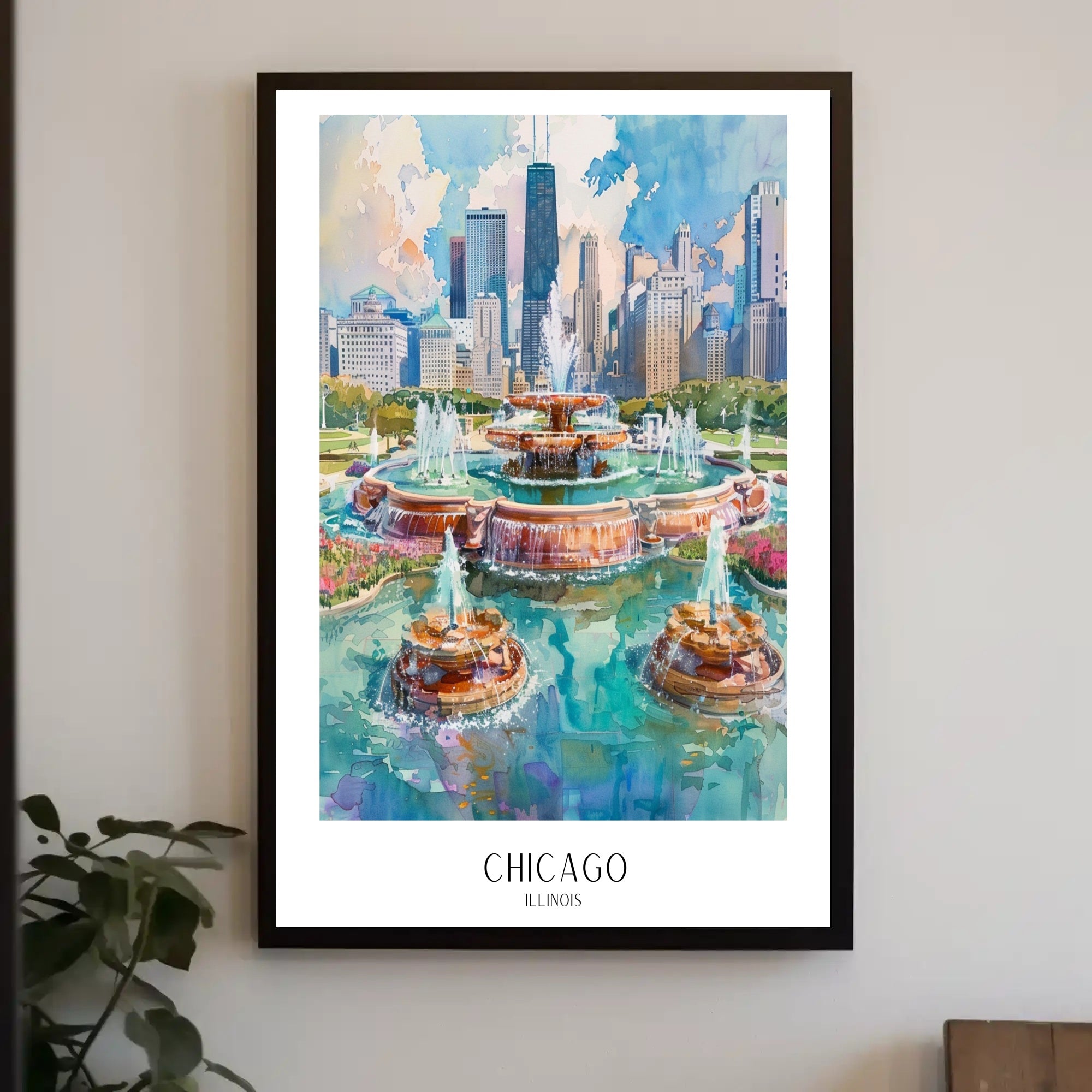 Chicago Skyline with Buckingham Fountain Urban Cityscape Poster PosterGoat