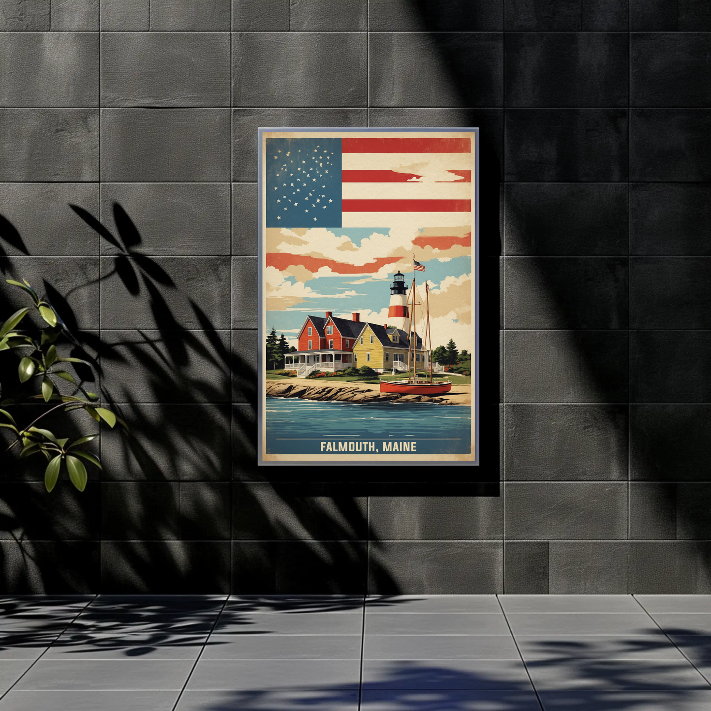 Falmouth Maine Lighthouse Harbor Scene Vintage Travel Poster