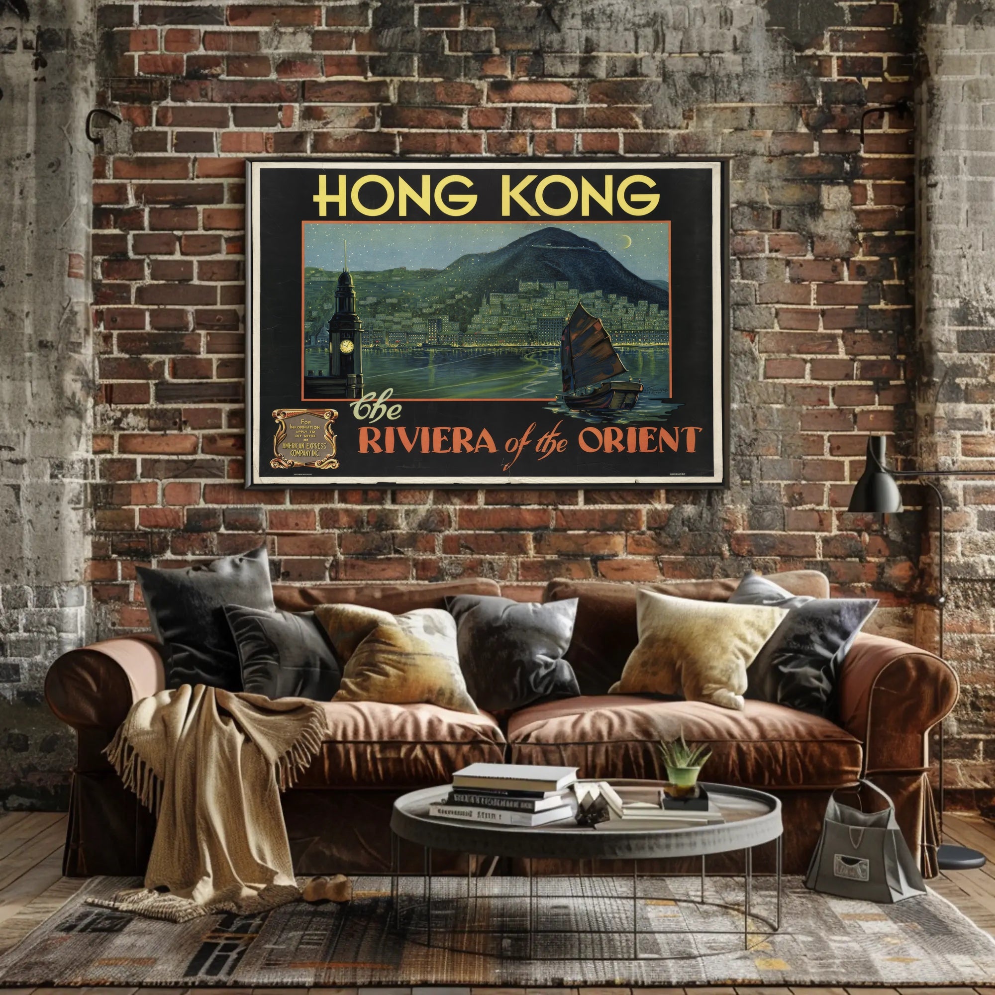 Vintage Hong Kong Poster with Night Skyline PosterGoat