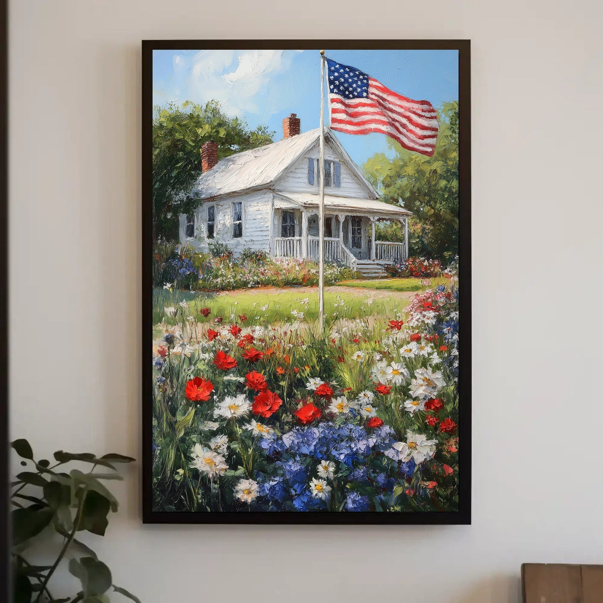 Classic White American Farmhouse With American Flag Poster