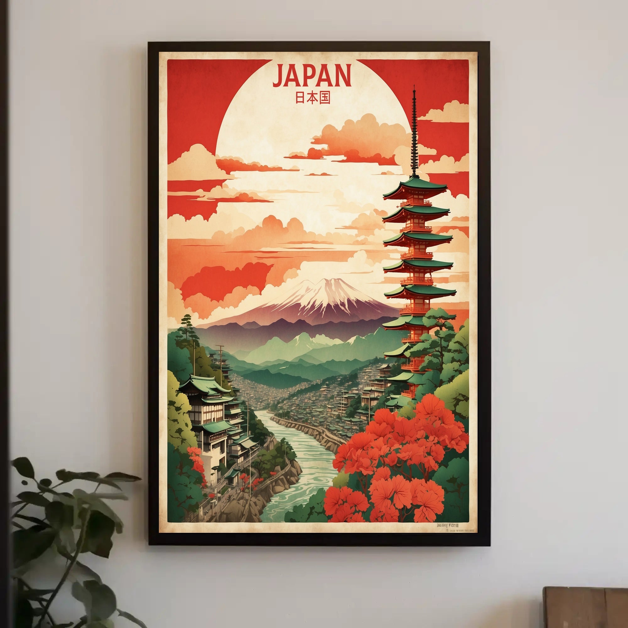 Vintage Travel Poster Featuring Japan's Mount Fuji and Pagoda