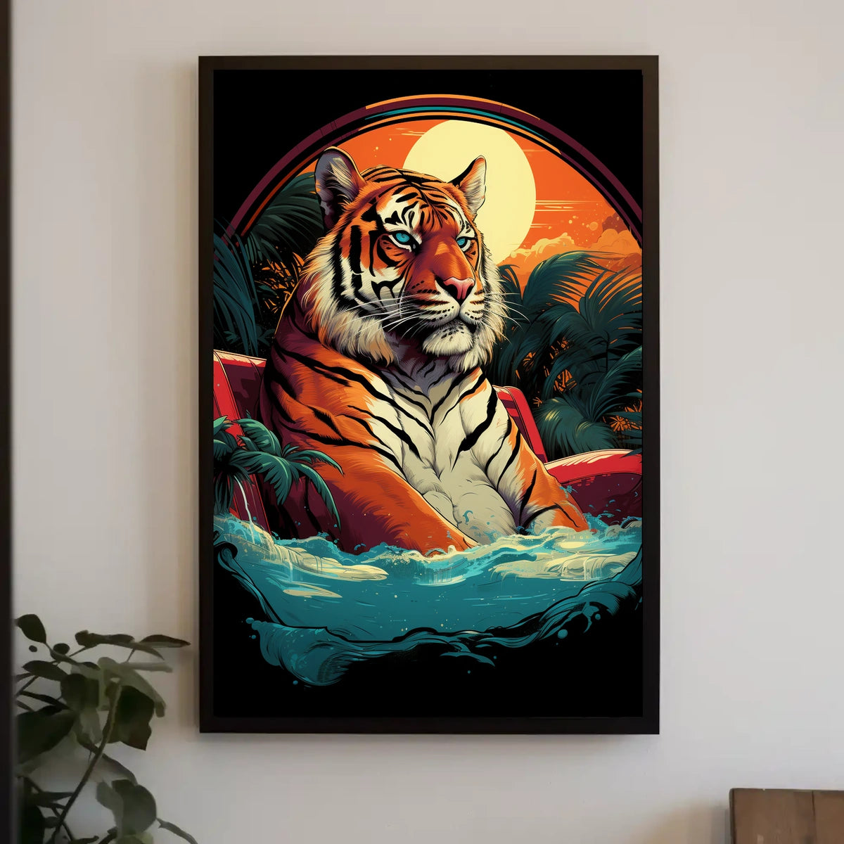 Tiger Majestically Lounging Amid Vivid Tropical Plants Animal Poster