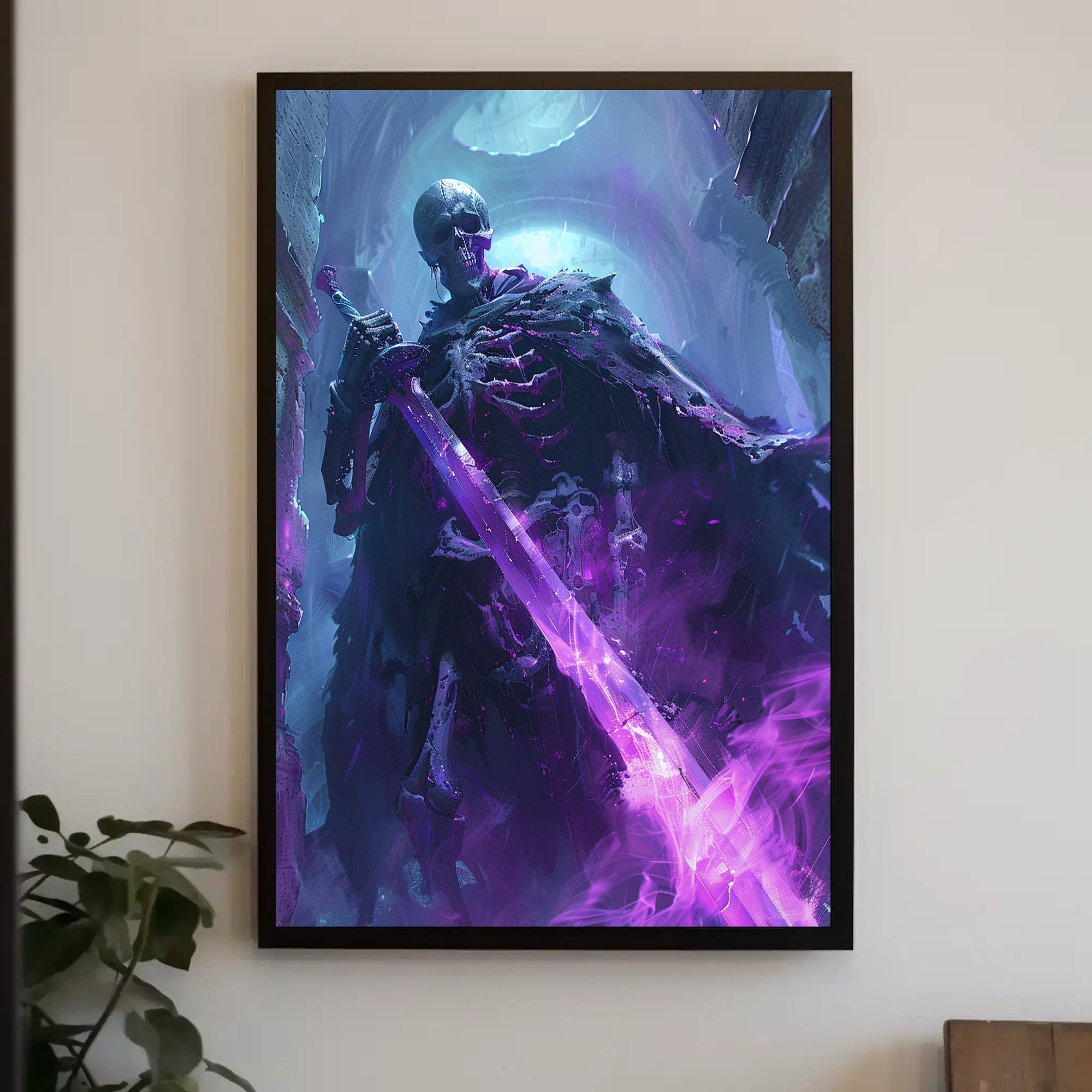 Skeletal Reaper Wields Glowing Sword in Fantasy Mythology Poster PosterGoat
