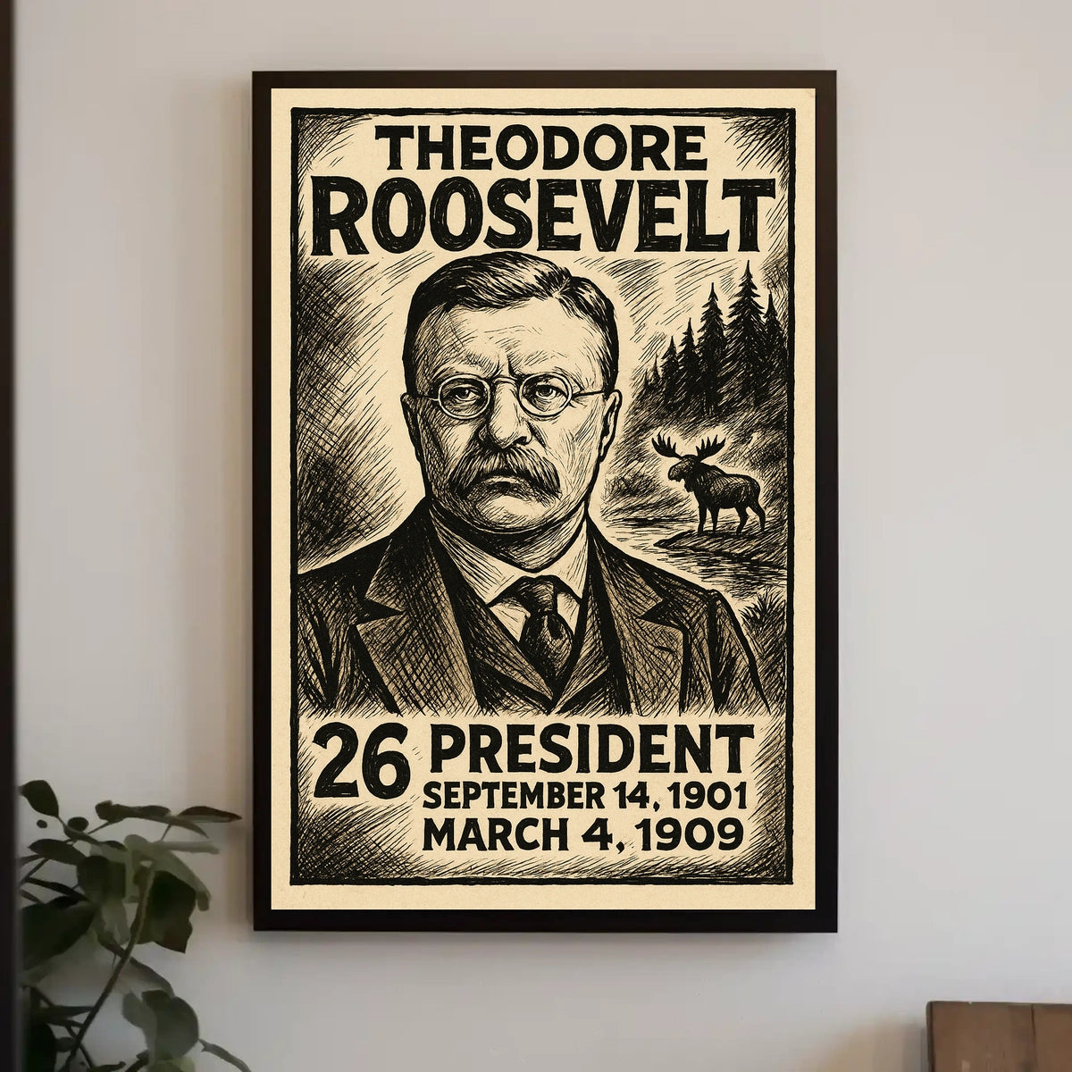 Theodore Roosevelt 26th President of the United States B & W Comic Sketch Poster