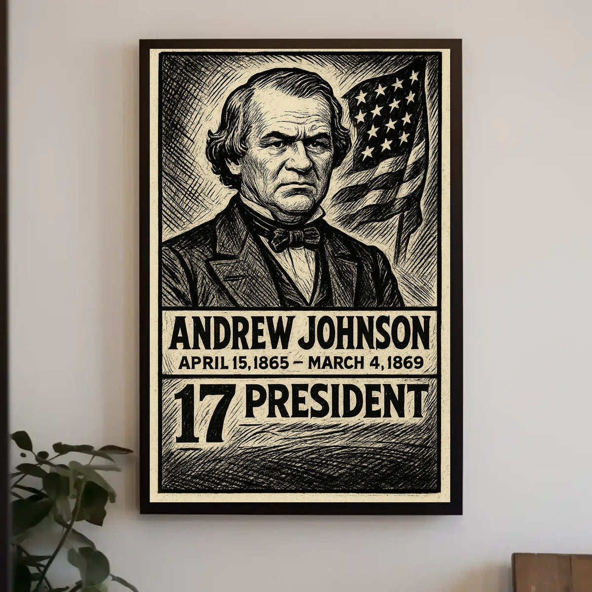 Andrew Johnson 17th President of the United States B & W Comic Sketch Poster