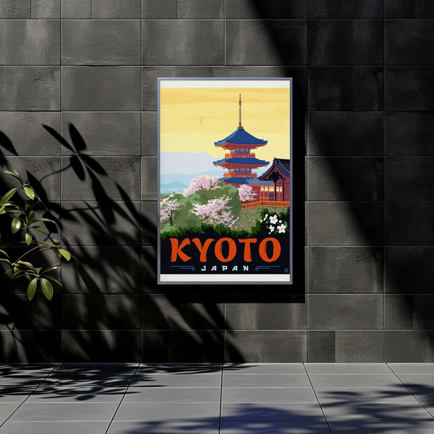Kyoto Japan Pagoda Cherry Blossoms Temple Scene Vintage Travel Poster