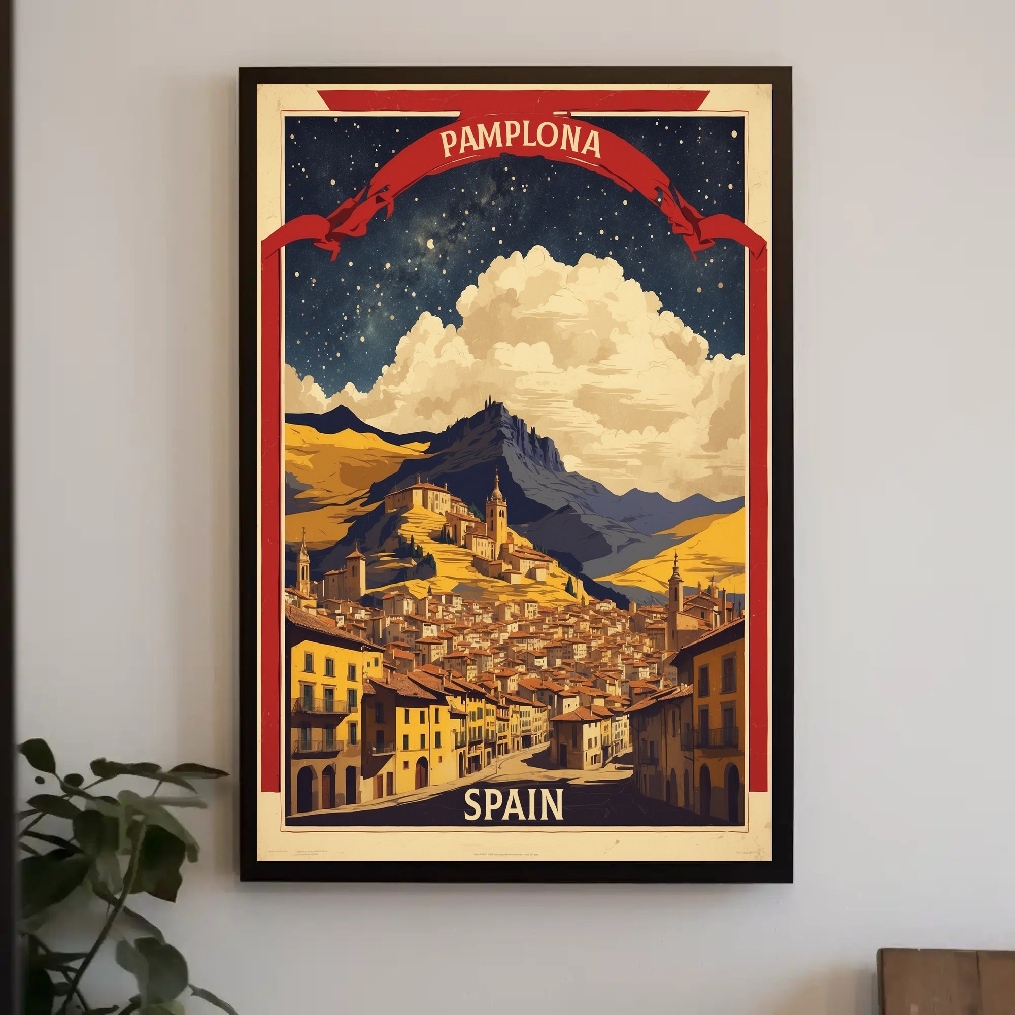 Pamplona Vintage Cityscape Night Sky Travel Poster