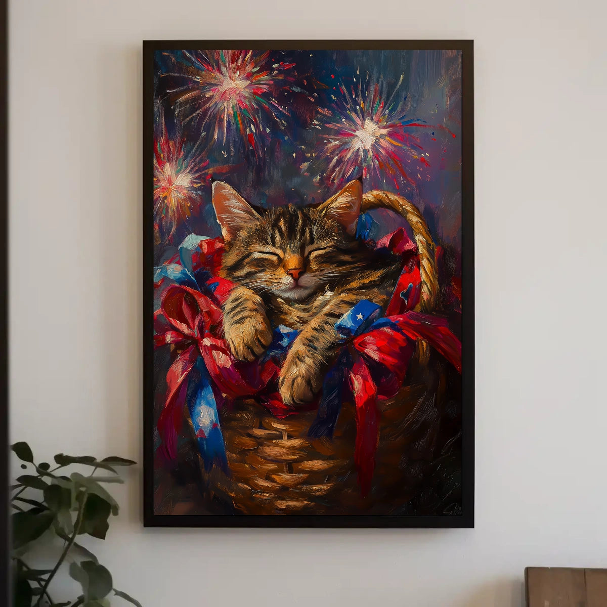 Brown Tabby Cat Curling Up Inside A Woven Basket Poster