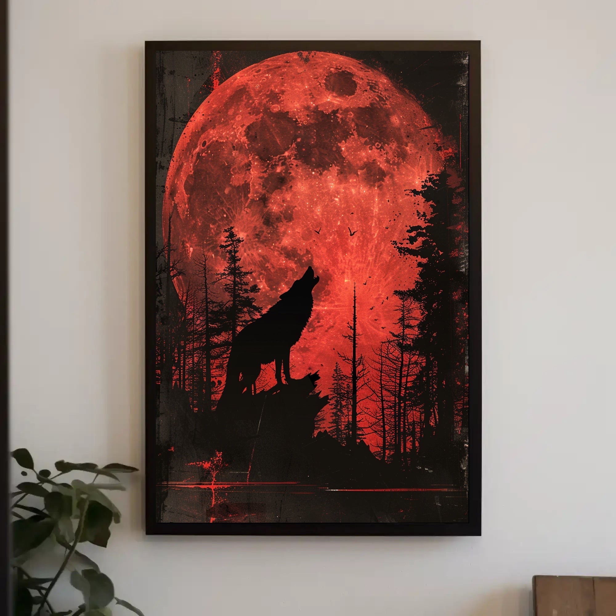 Wolf Howling Under Red Moon Fantasy Poster PosterGoat
