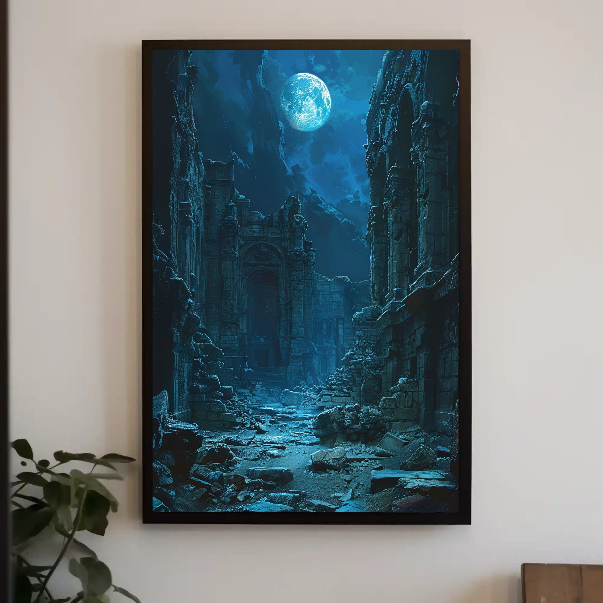 Moonlit Ruins: Enchanted Scene of Ancient Civilization Fantasy Poster PosterGoat
