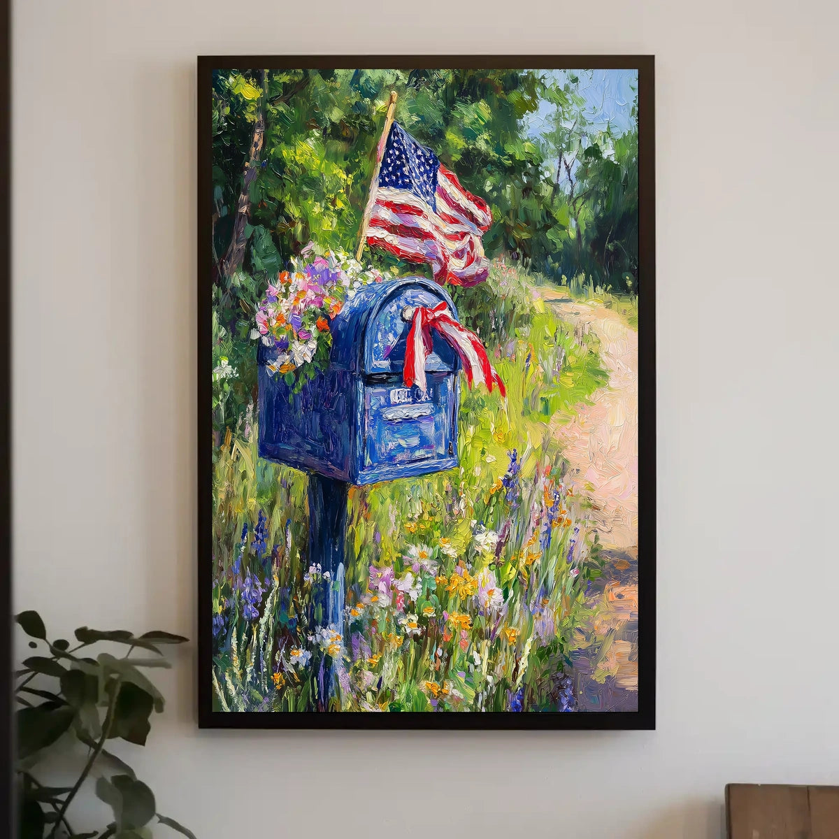 Blue Mailbox With Patriotic Ribbons Outdoor Garden Poster