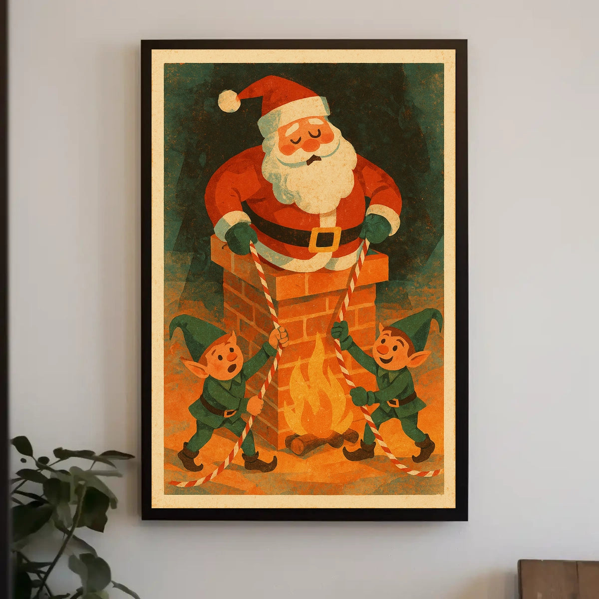 Whimsical Vintage Christmas Poster with Santa and Elves