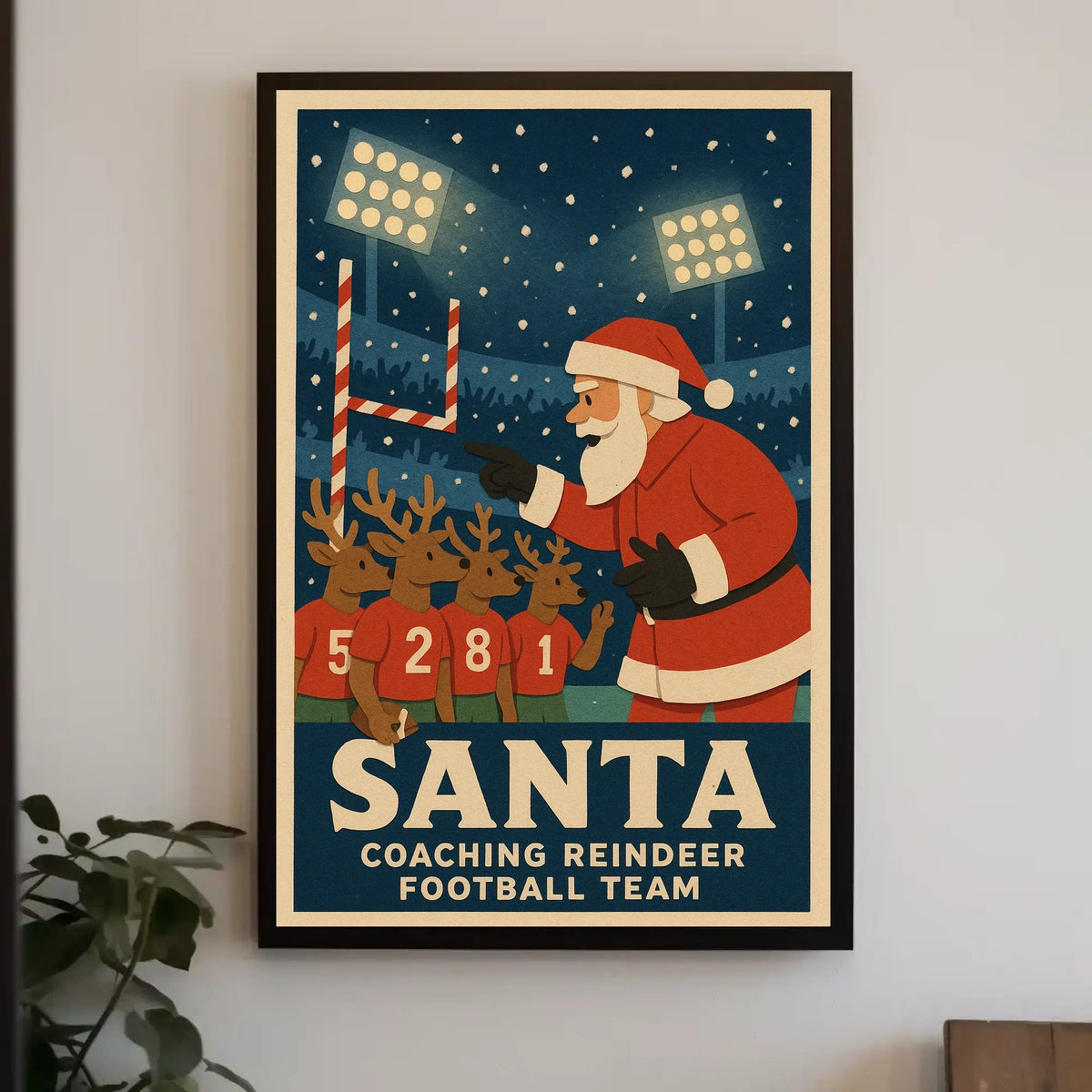 Santa Coaches Reindeer in Vintage Football Scene