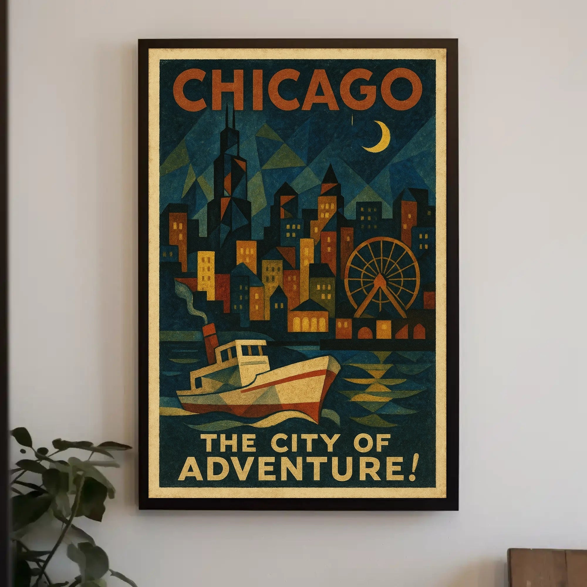 Chicago Nighttime Skyline Vintage Travel Poster