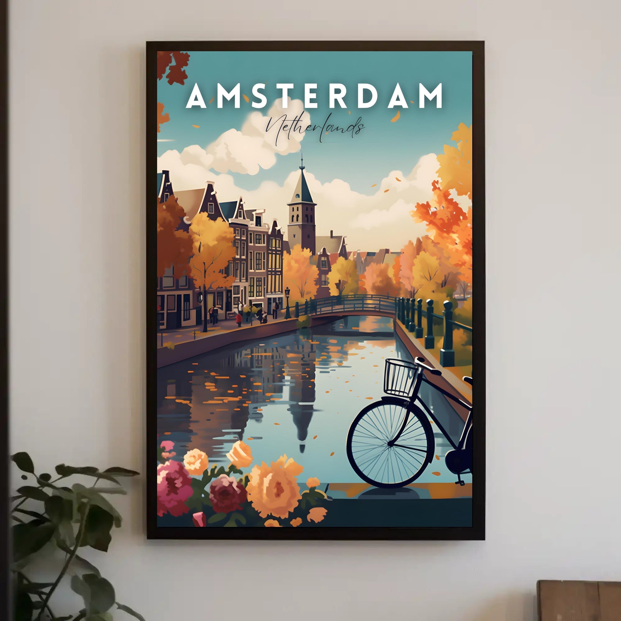 Scenic Autumn Amsterdam Canal Travel Poster