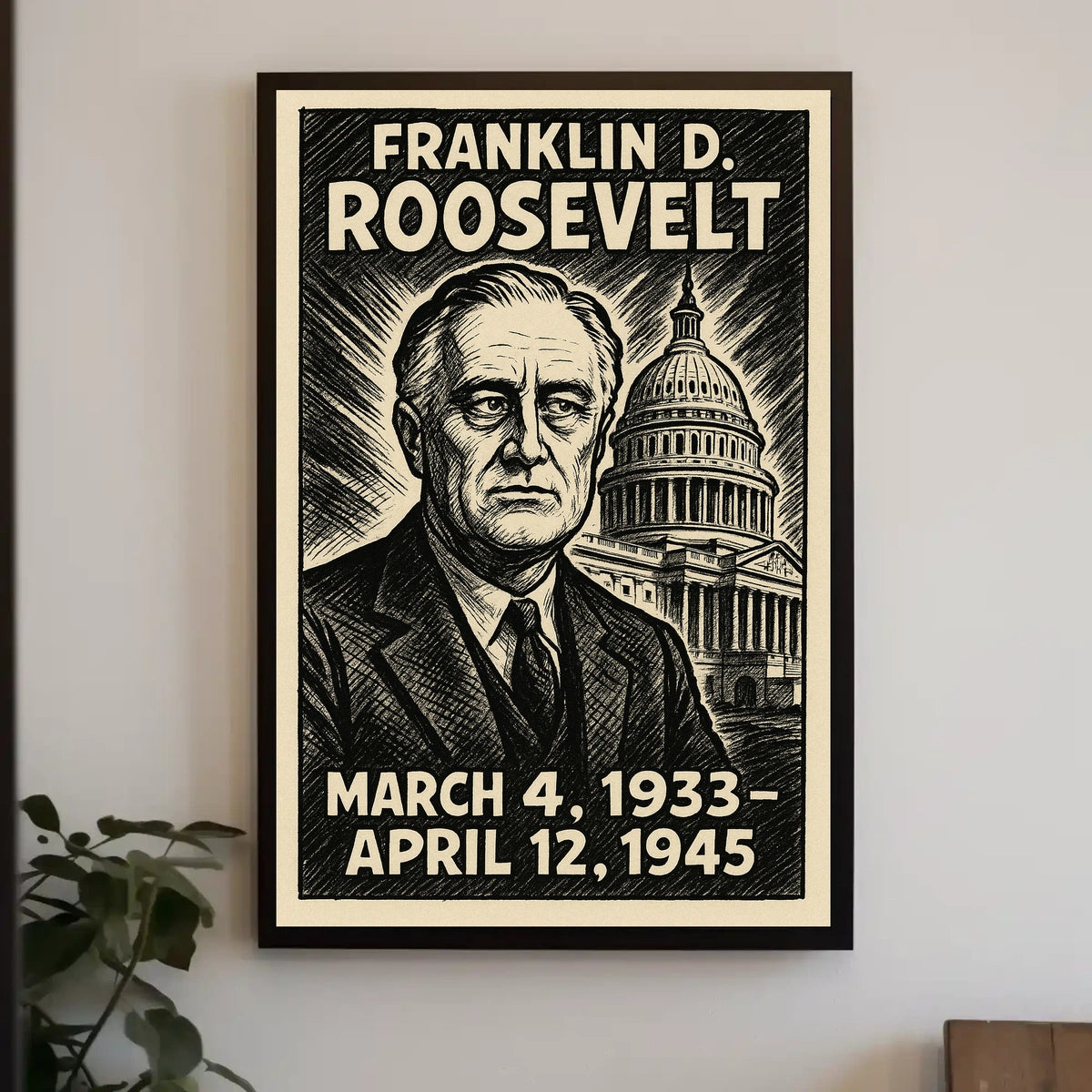 Franklin D. Roosevelt 32nd President of the United States B & W Comic Sketch Poster